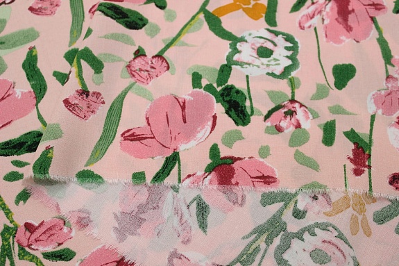 Штапель "Акварельные маки" цв.розовый, ш.1.45м, вискоза-100%, 110гр/м.кв