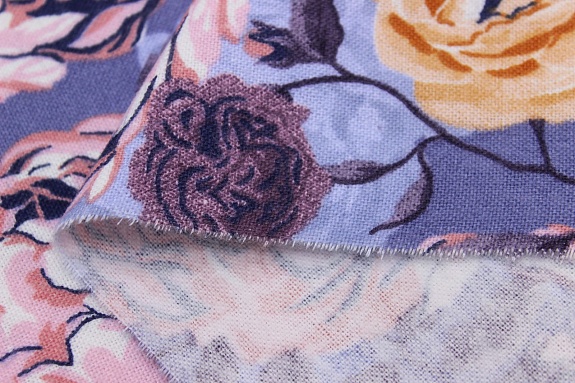 Мерный лоскут (ткань в отрезах)   Фланель "Пионы на сиренево-голубой дымке", ш.1.5м, хлопок-100%