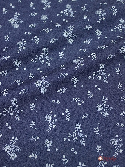 Джинсовая ткань "Веточки-цветочки на чернильной джинсе" ш.1.47м, хл-85%, п/э-15%, 140гр/м.кв