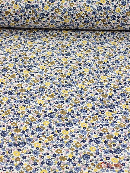 Импорт. хлопок "Мелкая акварель (синие, желтые цветы)", ш.1.49м, хлопок-100%, 90гр/м.кв