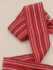 Лента тканая для поясов, 50мм Черно-белая строчка на красном