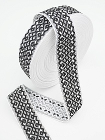 Лента тканая для поясов, 40мм Черный орнамент на белом