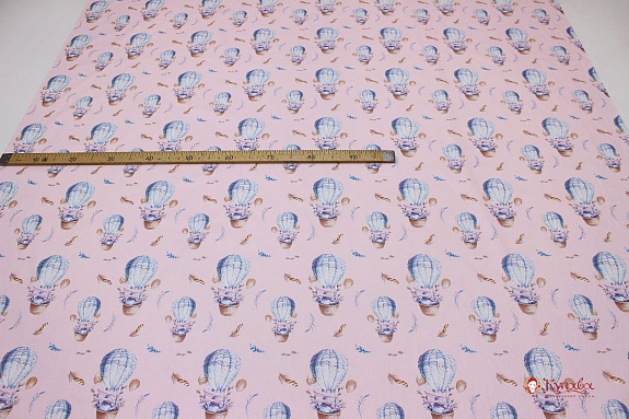 Сатин "Зайки-воздухоплаватели" цв.розовый, ш.1.61м, хлопок-100%, 120гр/м.кв