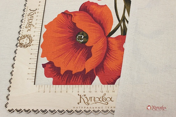 Полулен "Крупные маки по кайме" (на т.суровом), ш.1.5м, хлопок-70%, лен-30%, 140гр/м.кв