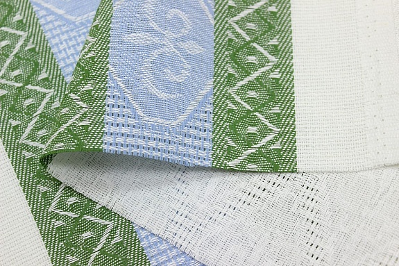 Холст полотенечный жаккард "Ромбы на белом с каймой" цв.голубой/зеленый, ш.0.5м, лен-30%, хл-70%