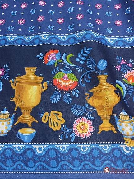 Рогожка "Самовары по кайме" цв.синий, СОРТ2, ш.1.5м, хлопок-100%, 160гр/м.кв