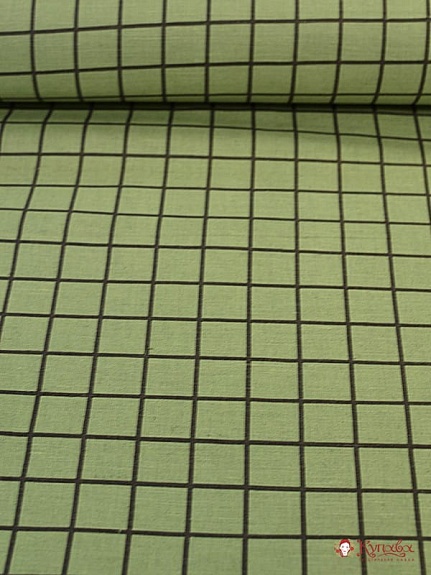 Полулен "Темная клетка на зелено-сером", 1.5 м, лен-57%, хлопок-43%, пл.200 гр/м.кв