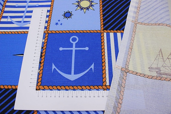 Вафельная ткань "Морской круиз" цв.синий/голубой, хлопок-100%, ш.1.5м, раппорт 64см
