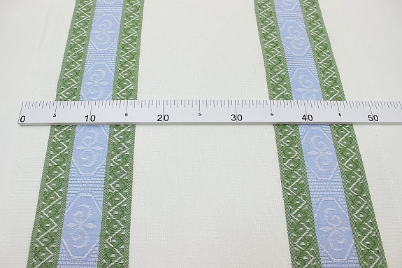 Холст полотенечный жаккард "Ромбы на белом с каймой" цв.голубой/зеленый, ш.0.5м, лен-30%, хл-70%