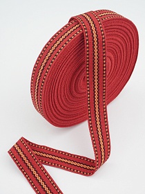 Лента тканая для поясов, 25мм Черно-желтая строчка на красном