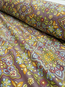 Сатин "Мандала цветов" цв.коричнево-лиловый, ш.2.5м, хлопок-100%, 115гр/м.кв