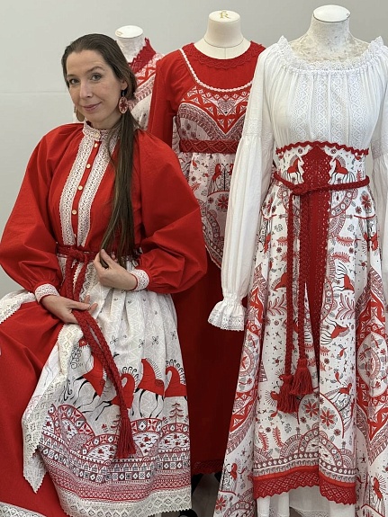 Коллекция "Огнеда" из рогожки и ситца "Мезенская роспись - кони"