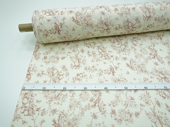 Муслин двухслойный с эф.жатости "Садовая трель" цв.кремовый/коричневый, ш.1.4м, хл-100%, 115гр/м.кв