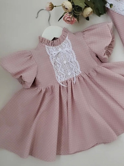 Детское платье из пестряди "Средняя клетка на св.розово-сиреневом"