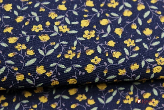 Импорт. хлопок "Горчичные лютики на темно-синем", ш.1.5м, хлопок-100%, 115гр/м.кв