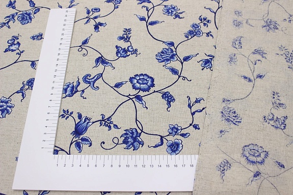 Полулен "Синий цветочный вьюнок на суровом", ш.1.5м, лен-30%, хлопок-70%, 140гр/м.кв