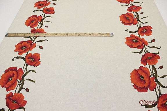 Полулен "Крупные маки по кайме" (на т.суровом), ш.1.5м, хлопок-70%, лен-30%, 140гр/м.кв