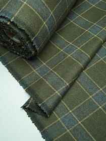 Шерсть пальтово-костюмная Твид "Клетка бежево-джинсовая на зеленом хаки", ш.1.5м, шерсть-50%, пэ-50%
