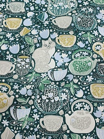 Рогожка "Милое чаепитие" цв.т.зелено-бирюзовый, ш.1.5м, хлопок-100%, 165гр/м.кв