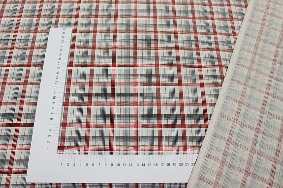 Полулен "Средняя клетка" цв.т.красный/т.серый (на суровом), ш.1.5м, лен-30%, хлопок-70%, 140гр/м.кв
