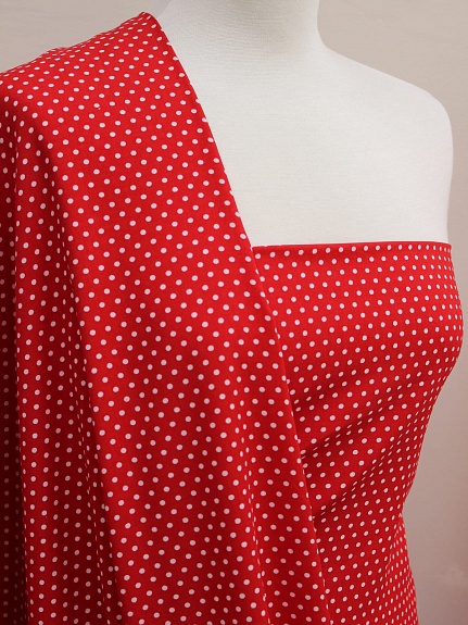 Штапель "Белый горох (3мм)" цв.красный, ш.1.45м, вискоза-100%, 90гр/м.кв