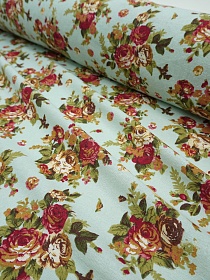 Хлопколен "Чайная роза на нежно-мятной дымке", СОРТ2, ш.1.44м,  хлопок-80%, лен-20%, 135гр/м.кв