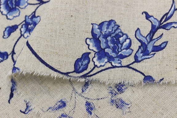 Полулен "Синий цветочный вьюнок на суровом", ш.1.5м, лен-30%, хлопок-70%, 140гр/м.кв