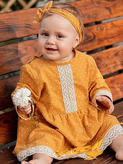 Детское платье из теплого хлопка "Мелкий горох-2 на горчичном"