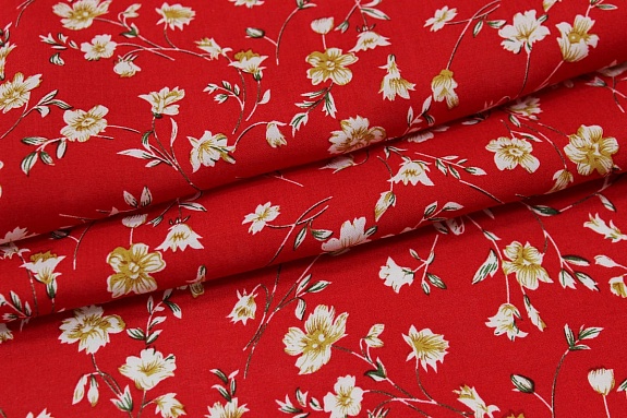 Штапель "Полонез" (горчичные цветы на красном), ш.1.44м, вискоза-100%, 90гр/м.кв