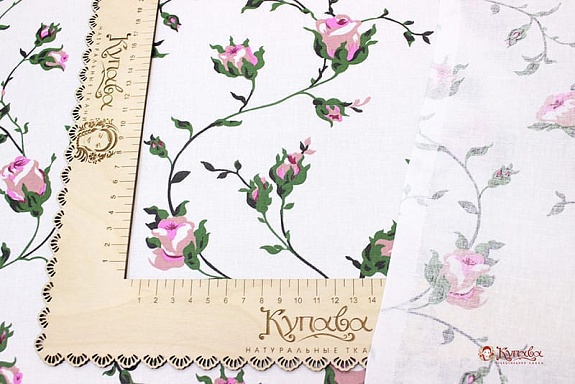 Полулен "Зайцевские розочки на белом", ш.1.5м, лен-30%, хлопок-70%, 140гр/м.кв#017702