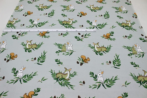 Сатин "Лесные зверята на светло-сером", ш. 1.5м, хлопок-100%, 120гр/м.кв