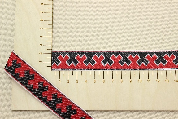 Жак.лента 24мм Черно-красный славянский орнамент-оберег на белом