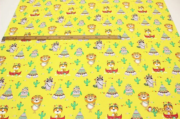 Бязь "Веселые индейцы" цв.желтый, ш.1.5м, хлопок-100%, 142гр/м.кв