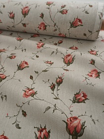 Бязь "Зайцевские розочки на серо-бежевом" (коралловые бутоны), ш.1.5м, хлопок-100%, 120гр/м.кв