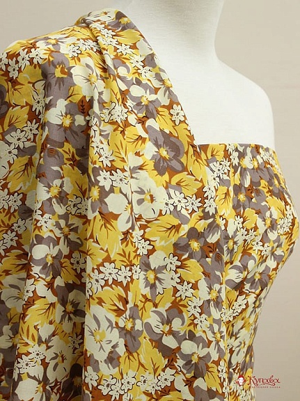 Мерный лоскут (ткань в отрезах) - Штапель "Цветочные узоры" цв.горчичный, ш.1.44м, вискоза-100%