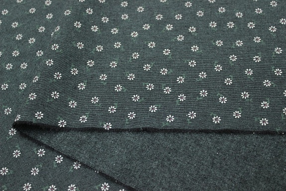 Плательный хлопок "Мелкие ромашки на т.кедровом меланже", ш.1.5м, хл-80%, п/э-20%, 150гр/м.кв