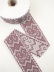 Жак.лента 68мм Темный коричнево-вишневый славянский орнамент-оберег на белом