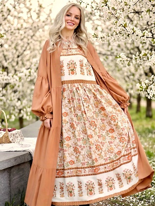 Платье из штапеля "Цветочные букеты с каймой" (терракотовые цветы)