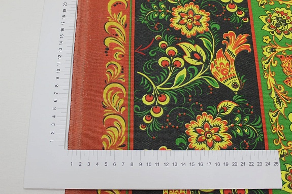 Рогожка "Желто-зеленая хохлома на черном с птицами", СОРТ2, ш.1.5м, хлопок-100%, 170гр/м.кв