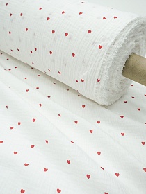 Муслин двухслойный с эф.жатости "Красные сердечки" цв.белый, ш.1.4м, хлопок-100%