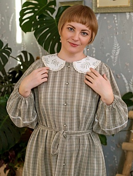 Платье из вареного хлопка "Тройная клетка" в цвете сухая трава