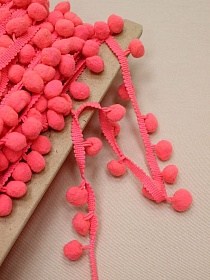 Тесьма "Помпоны" цв.коралловый неоново-розовый, СОРТ2, шир.тесьмы без помпона-10мм; помпон Ø-15мм