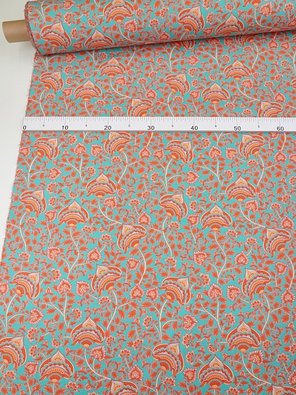 Перкаль Премиум (Digital) "Цветы на бирюзовом фоне-2", ш.1.5м, хлопок-100%, 120гр/м.кв