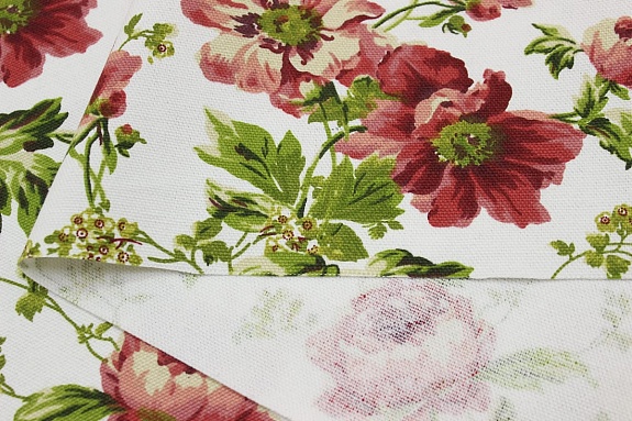 Ткань интерьерная "Бордовые пионы на белом", ш.1.48м, хл-80%, п/э-20%, 265гр/м.кв