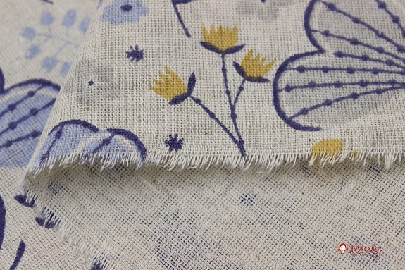 Полулен "Голубые бабочки на суровом", ш.1.5м, лен-30%, хлопок-70%, 140гр/м.кв