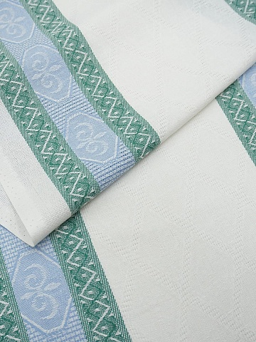 Холст полотенечный жаккард "Ромбы на белом с каймой" цв.голубой/изумрудный, ш.0.5м, лен-30%, хл-70%