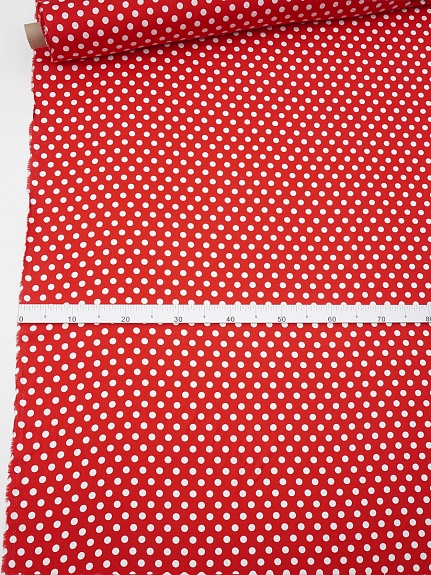 Штапель "Белый горох (11мм)" цв.красный, ш.1.45м, вискоза-100%, 95гр/м.кв