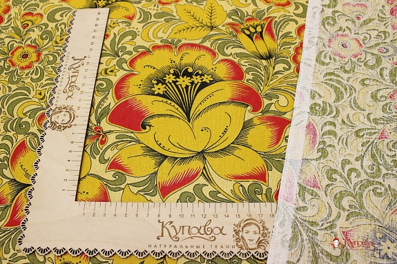 Мерный лоскут Бязь "Хохлома на золотистом", ш.1.5м, хлопок-100%, 120гр/м.кв