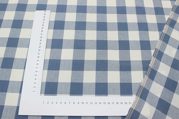 Мерный лоскут - Вареный (стираный) хлопок "Клетка (3.0*3.0см)" цв.т.винтажно-голубой, ш.2.5м