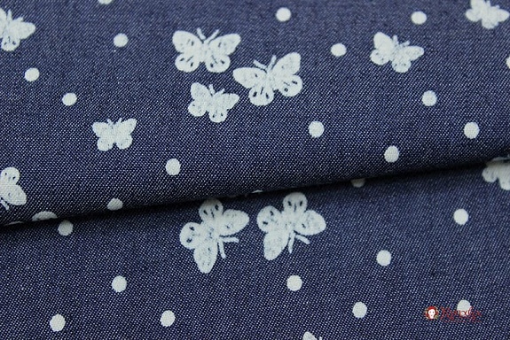 Джинсовая ткань "Бабочки с горошком на чернильной джинсе", СОРТ2, ш,1.47м, хл-85%,п/э-15%,140гр/м.кв